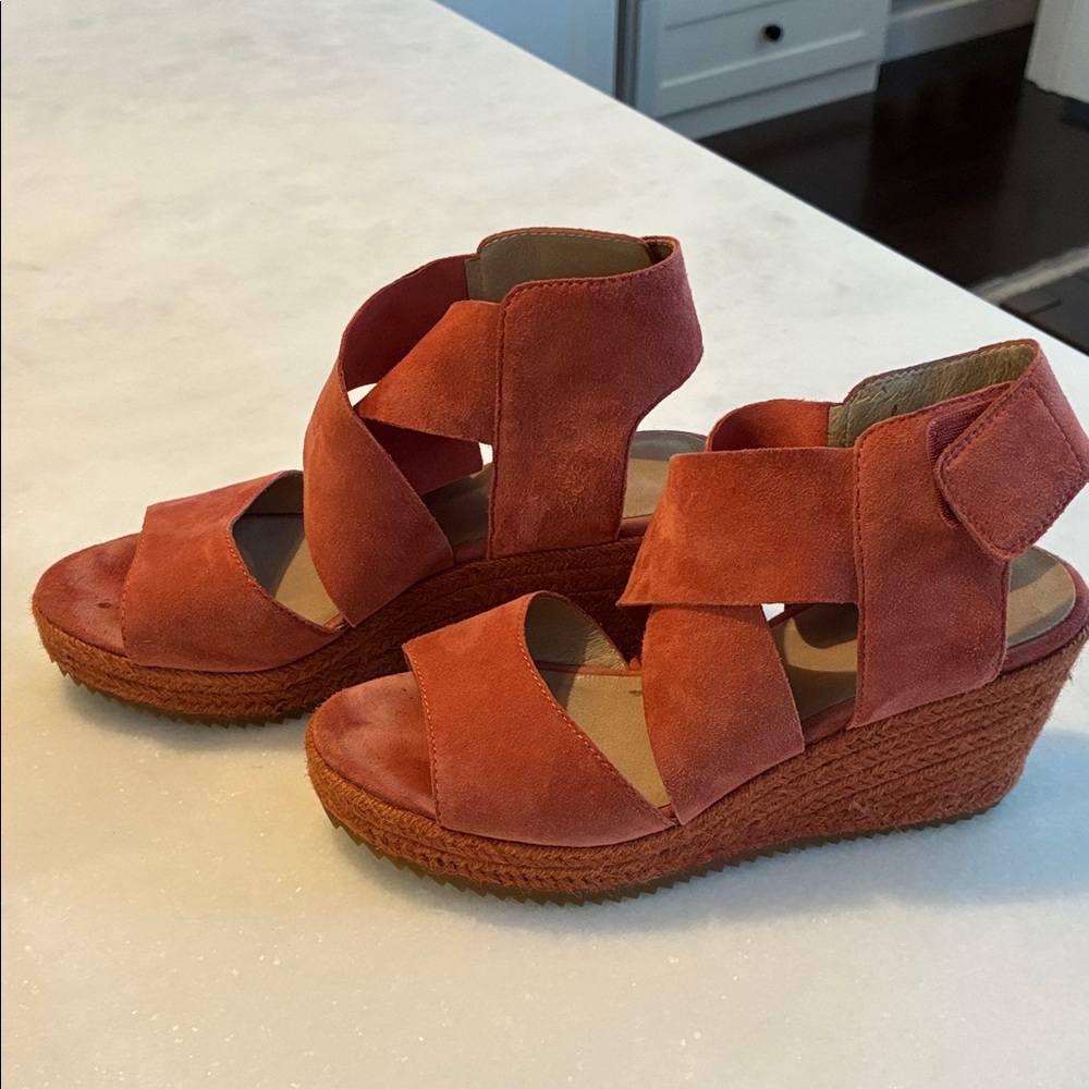 Eileen Fisher Suede Wedge Sandals - soft orange